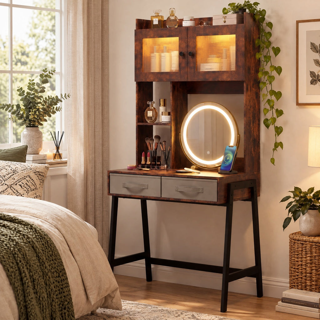 Airfind Vanity Desk with Rotatable Mirror and Lights Modern Dressing Table with 3 Light Colors, Engineered Wood Frame, 32.5 Inch x 21.5 Inch x 67 Inch Footprint