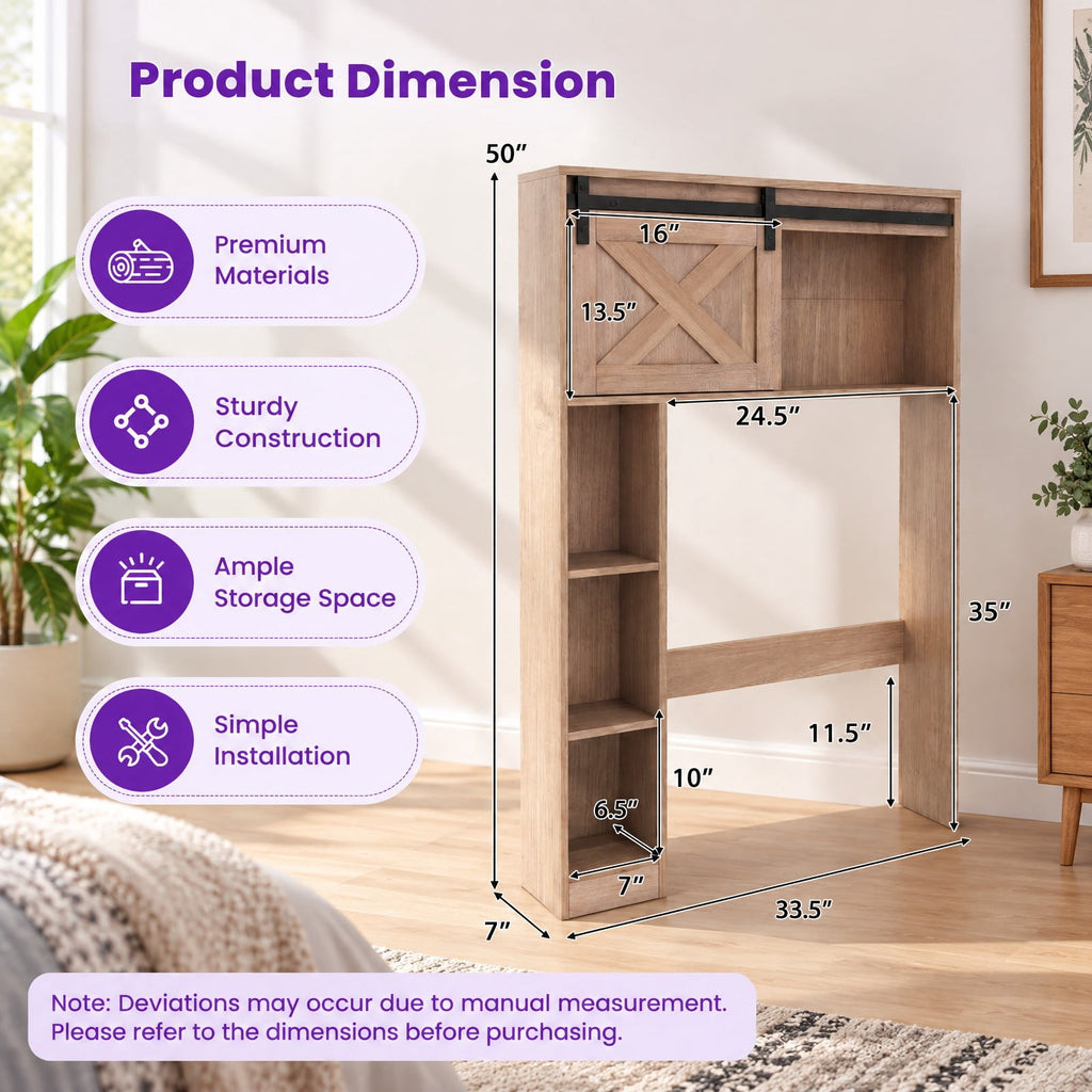 Airfind 4-Tier Over The Toilet Storage Cabinet with Sliding Barn Door and Storage Shelves, 154 lbs Capacity, Engineered Wood MDF Frame, Brown