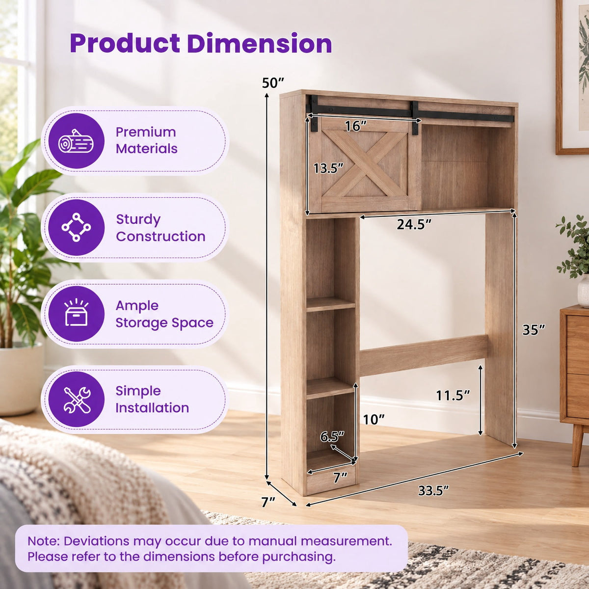 Airfind 4-Tier Over The Toilet Storage Cabinet with Sliding Barn Door and Storage Shelves, 154 lbs Capacity, Engineered Wood MDF Frame, Brown