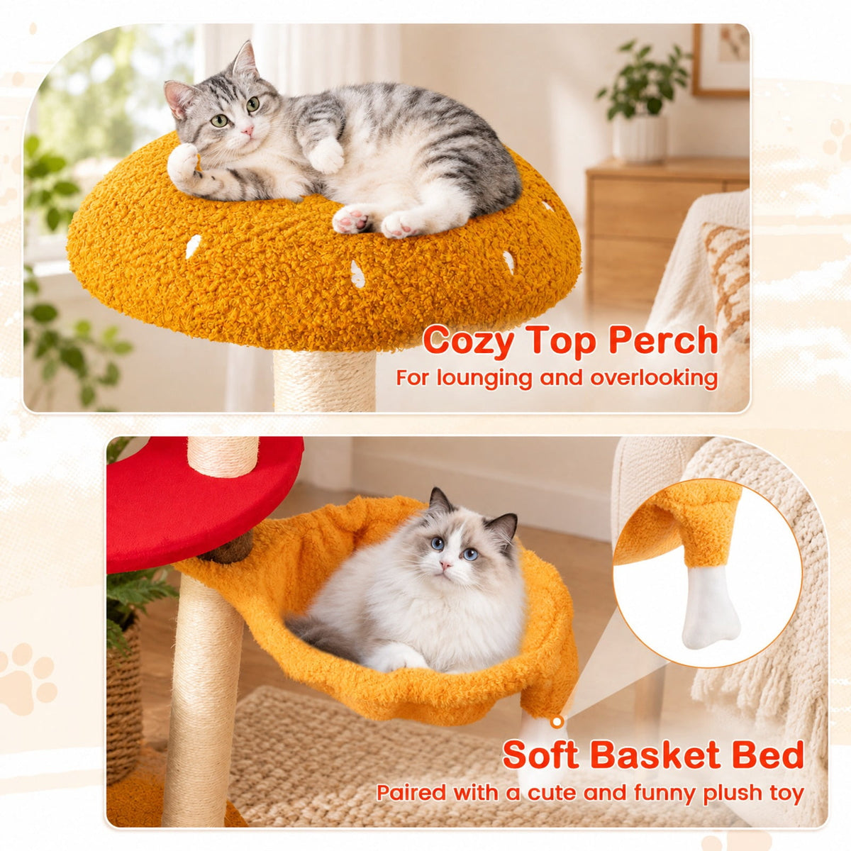 Airfind 46 Inch Tall Cat Tree Multi-Level with Padded Perch and Hanging Basket Bed, 22 lbs Capacity, 24 Inch x 46 Inch (Dia. x H) Condo Footprint, Yellow