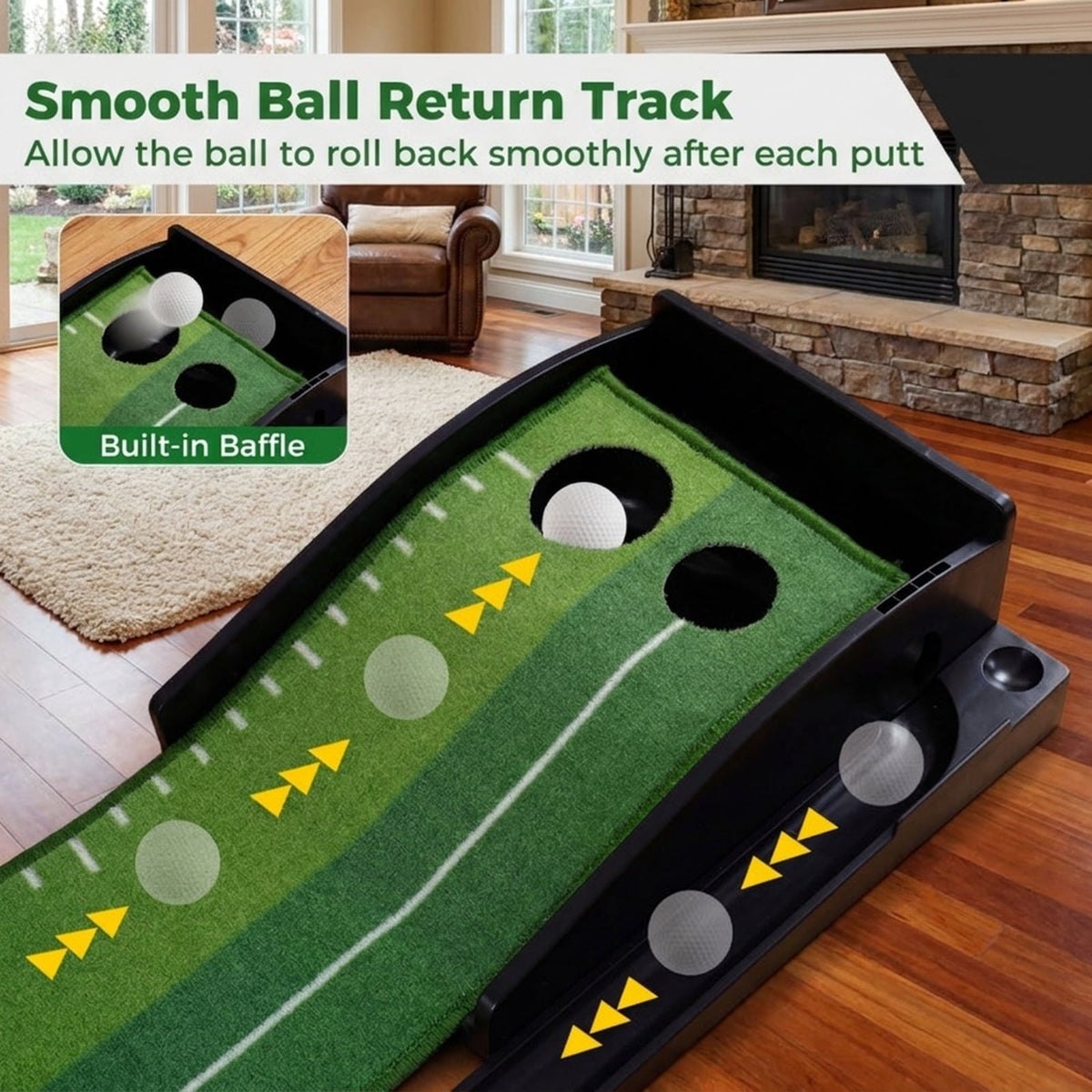 Airfind 9.4 ft Putting Green Mat with Side Auto-Return Track, 2 Hole Sizes and 3 Balls, Green