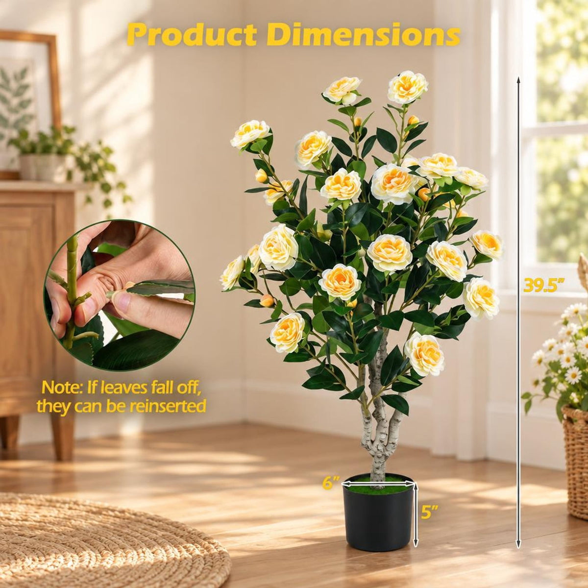 Airfind Set of 2 39.5 Artificial Camellia Tree with Cream Yellow Blossoms in Cement Pot for Decoration, PP Cement PE Fabric Frame, Cream Yellow