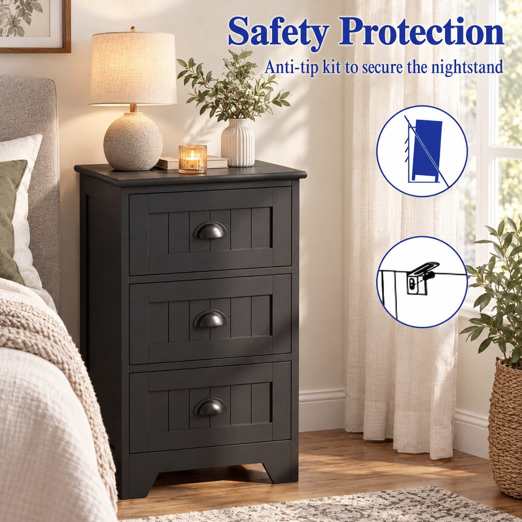 Airfind 3 Drawers End Storage Wood Side Nightstand, 88 lbs Capacity, P2 MDF Frame, 18 x 12 x 27 Footprint, Black