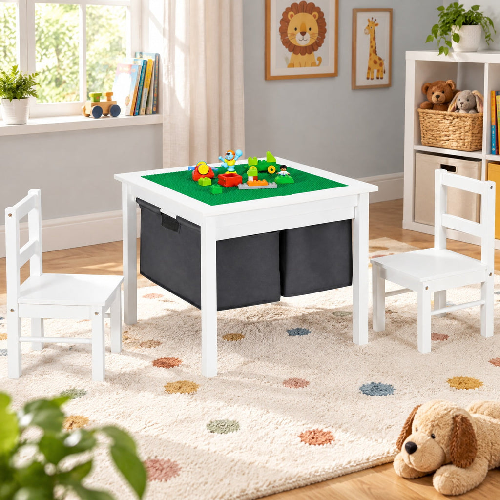 Airfind 2-in-1 Youth Activity Table and 2 Chairs Set with Storage Building Block Table, 200 Lbs Capacity, MDF Non-woven Fabric, for 3-8 Years, White