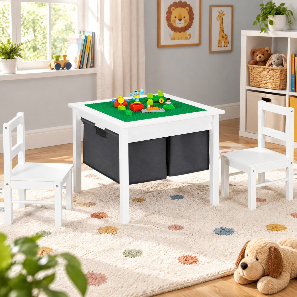 Airfind 2-in-1 Youth Activity Table and 2 Chairs Set with Storage Building Block Table, 200 Lbs Capacity, MDF Non-woven Fabric, for 3-8 Years, White