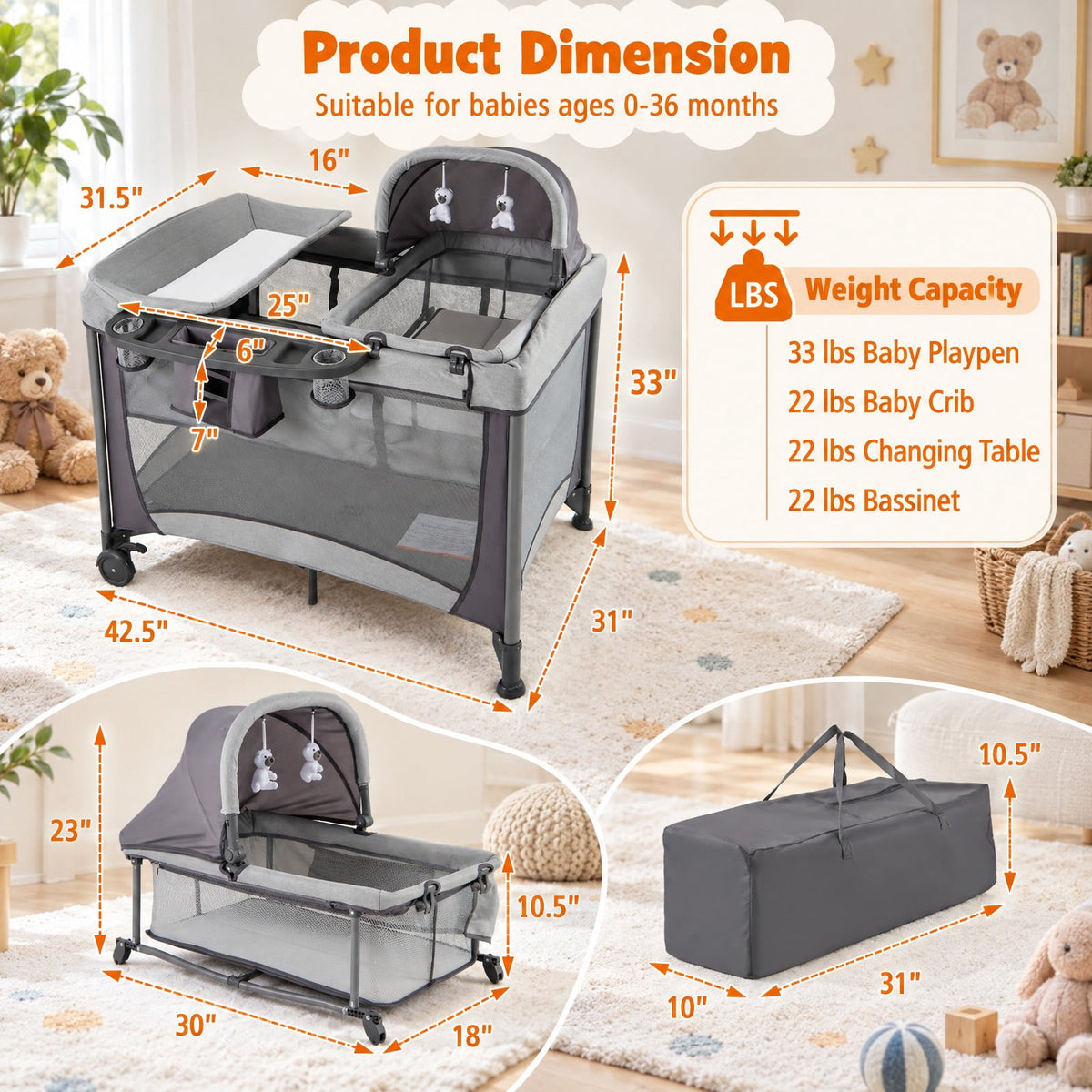 Airfind 5-in-1 Portable Child Playard with Cradle and Storage Basket, 33 Lbs Capacity, Polyester Fabric Sponge Iron PP Basic Child Playard, Gray