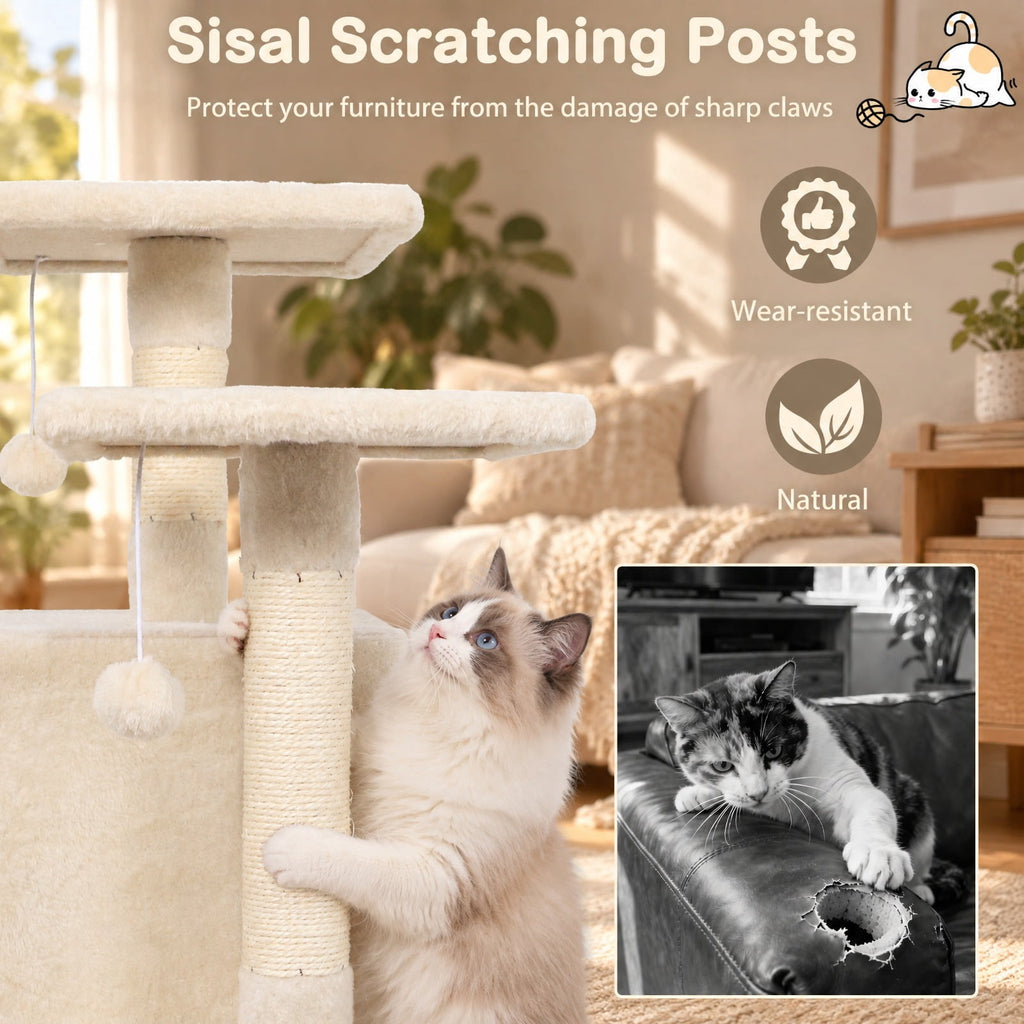 Airfind 57 Inch Cat Tree with Dual Condos and Hammock and 2 Dangling Balls, 29 x 16 Footprint, Beige