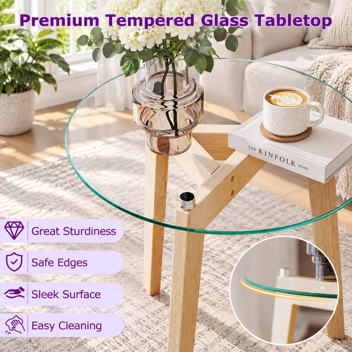 Airfind Tempered Glass End Table Round with Solid Rubber Wood Structure-1 Piece, 110 Lbs Capacity, Tempered Glass Rubber Wood Plywood, Natural