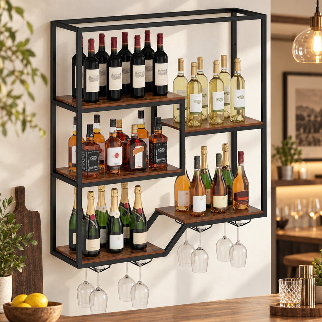 Airfind Wall Mounted Wine Rack 6-Tier Hanging Bar Shelf with Bottle Display Shelf and Glass Holder, Shelf 33 lbs Total Capacity, Brown