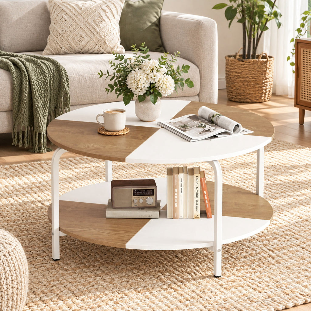 Airfind 2-Tier Round Coffee Table Metal Frame with Storage Shelf-Natural and White, 220 lbs Capacity, Engineered Wood Metal Frame, Coffee