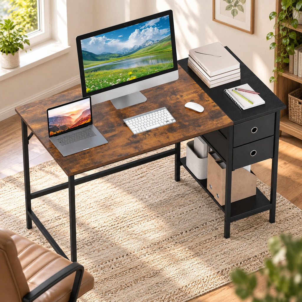 Airfind 48 Inch Computer Desk with 2 Fabric Drawers Industrial Home Office Desk, 110 lbs Capacity, Engineered Wood Metal Fabric Frame, Brown