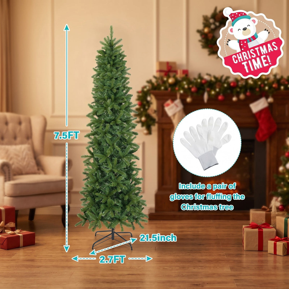 Airfind 7.5 Feet Pre-lit Full Artificial Christmas Tree with Warm White and Multi, PVC PE Metal Tree height: 7.5ft Tree width: 2.7ft Frame, White