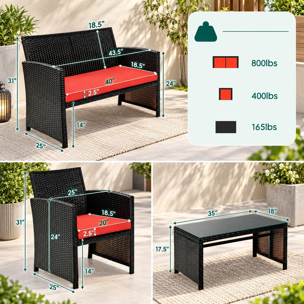 Airfind 4 Pieces Patio Rattan Cushioned Furniture Set, Rattan Frame, 43.5 x 25 x 31 Footprint, Red