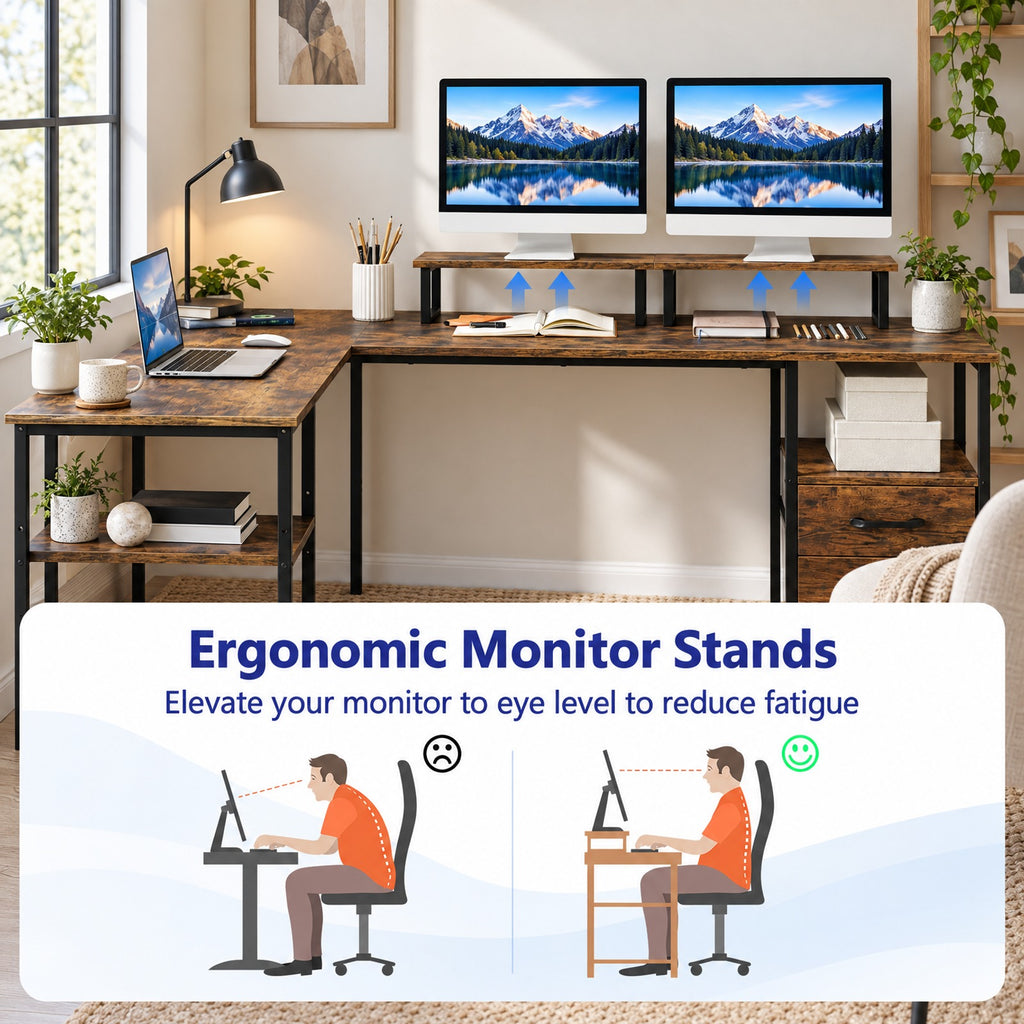 Airfind L Shaped Desk with Power Outlet Reversible Computer Desk with Monitor Stands, 155 lbs Capacity, Engineered Wood Metal Fabric Frame, Brown
