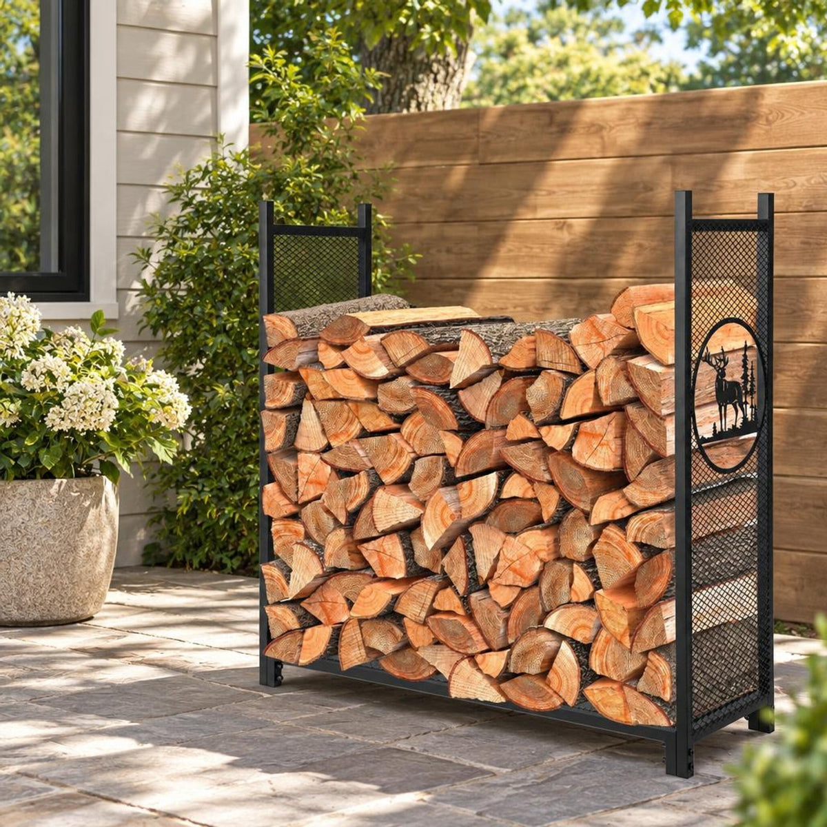Airfind 4 Feet Firewood Rack Stand with Mesh Sides, 300 lbs Capacity, Metal Frame, 48 x 15 x 46 Footprint, Black