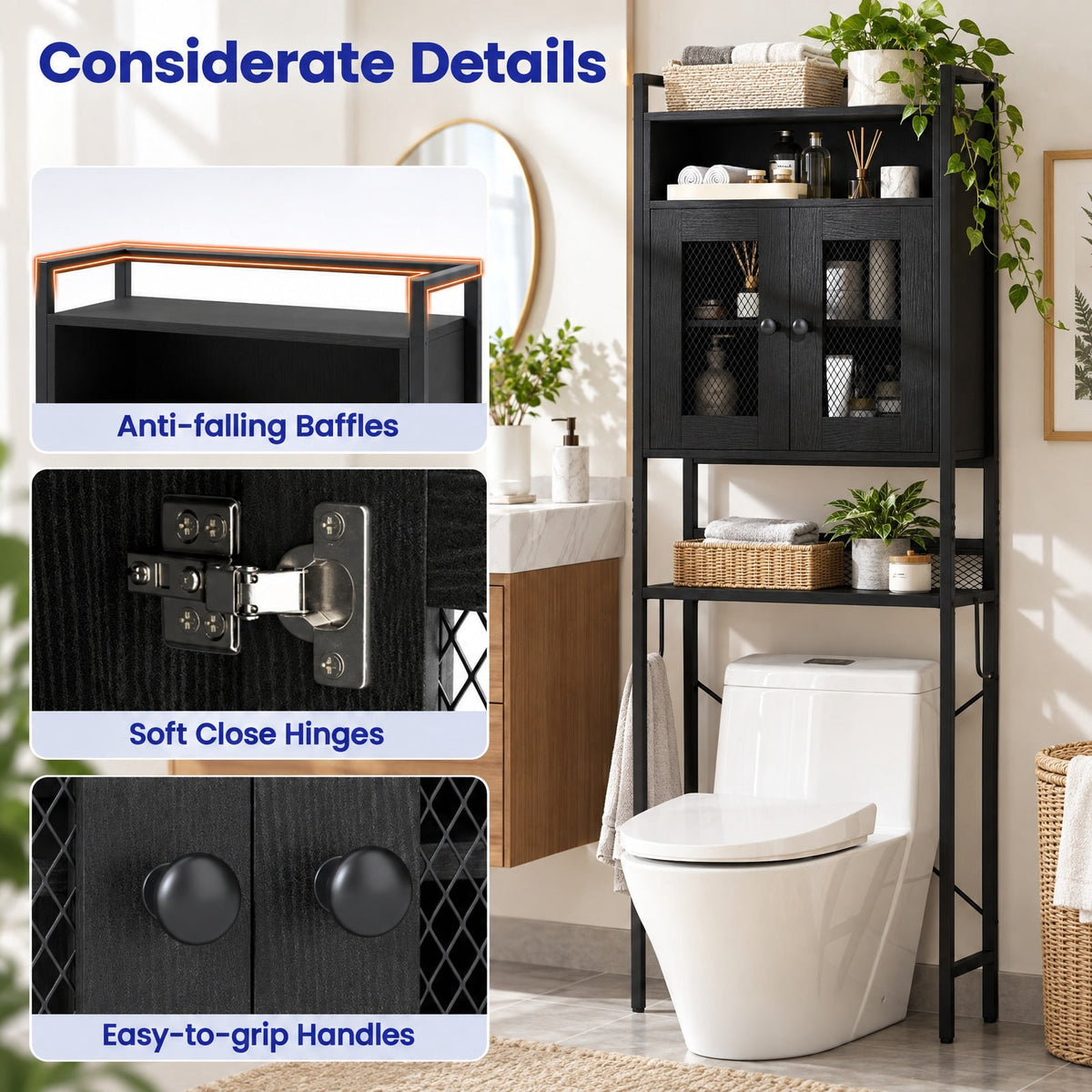Airfind Over-the-toilet Storage Cabinet featuring Heavy-duty Metal Frame 2-door Freestanding, Engineered Wood Metal Frame, Black