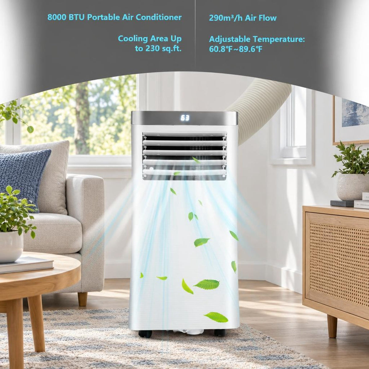 Airfind 8000 BTU 3-in-1 Portable Air Conditioner with Remote Control, 13 x 13 x 27.5 Footprint, White