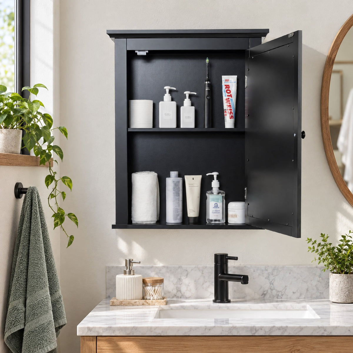 Airfind Wall Mounted Bathroom Mirror Cabinet with 5-level Height-adjustable Shelf, 11 lbs Capacity, MDF and glass Frame, 22 x 6 x 27.5 Footprint