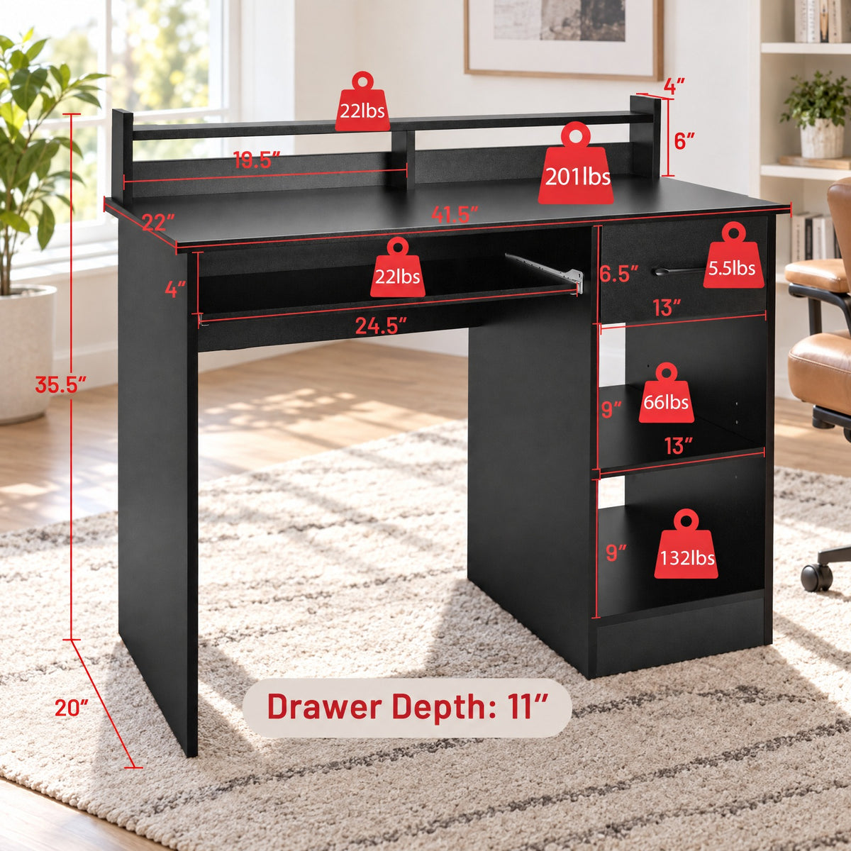 Airfind Study Laptop Table with Drawer and Keyboard Tray, 201 lbs Capacity, Engineered Wood MDF Frame, Black