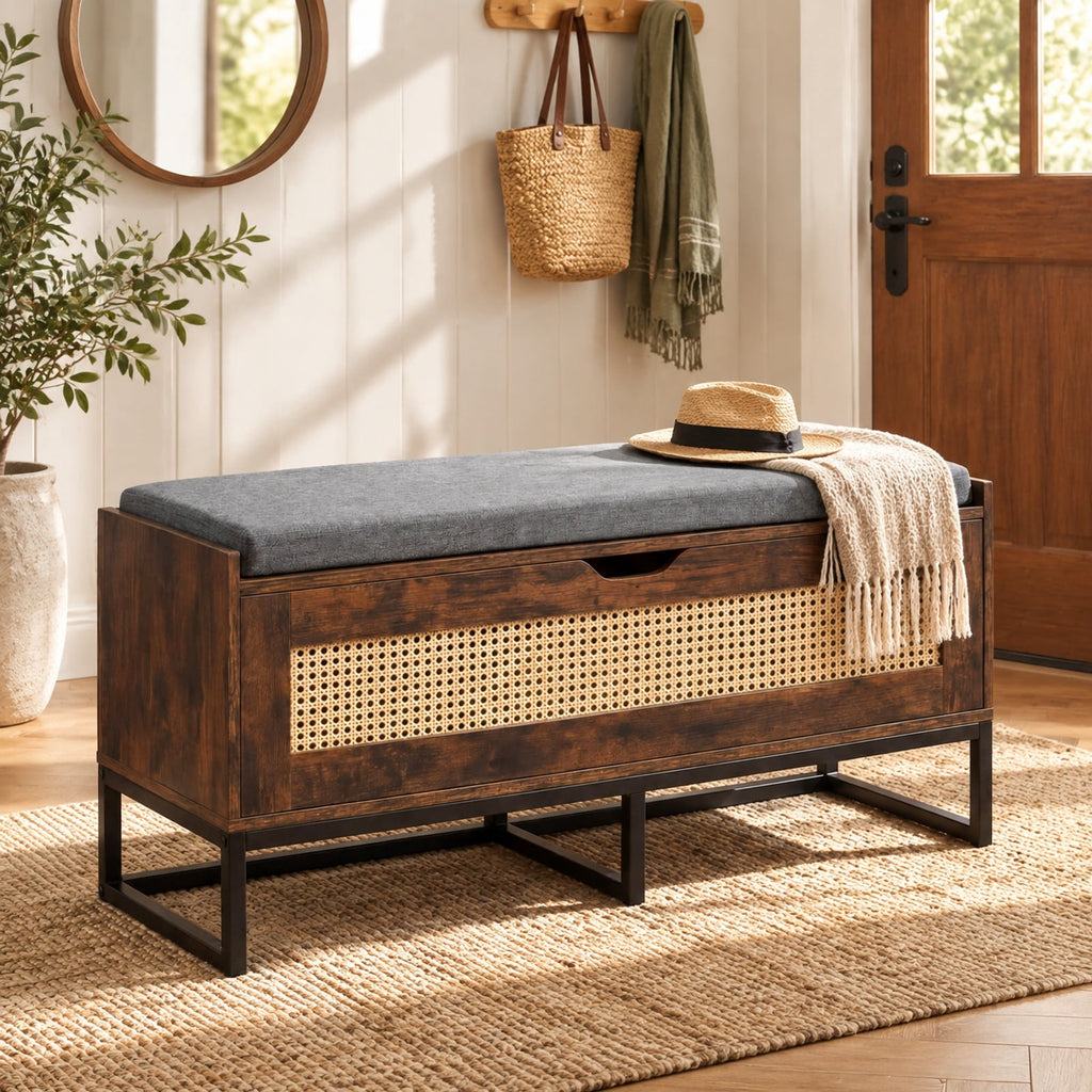 Airfind 39.5in Rattan Storage Chest Wicker Shoe Bench with Padded Seat Flip-Top, 440 lbs Capacity, Engineered Wood PE Rattan Metal Frame, Brown