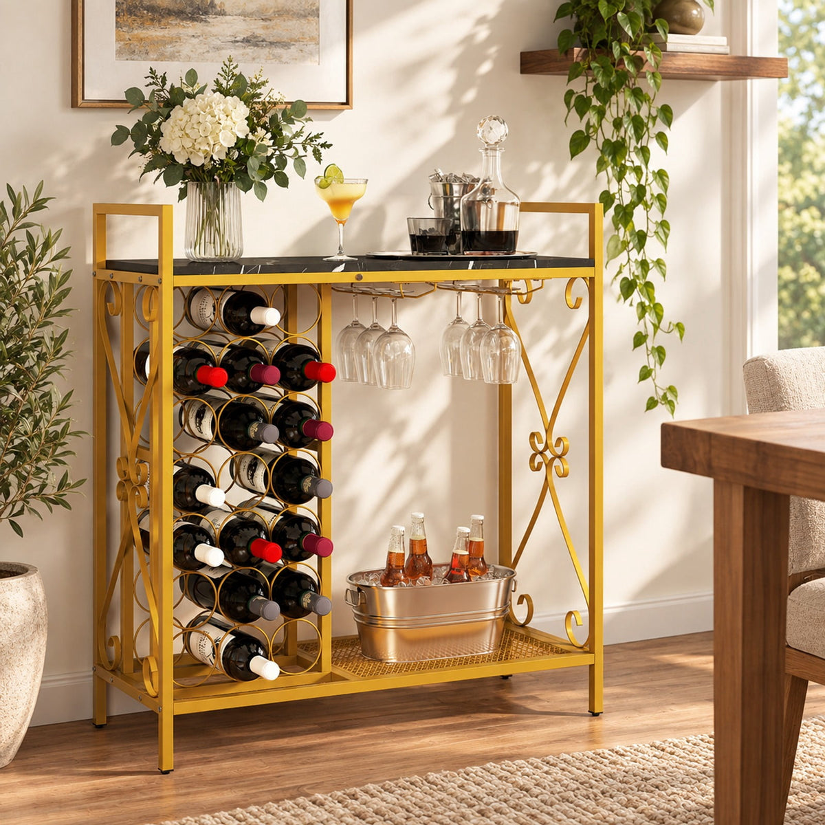 Airfind 21 Bottle Wine Rack Freestanding Floor Wine Bottle Organizer with Glass Holder, 44 lbs Capacity, Metal Engineered Wood Frame, Rustic Brown