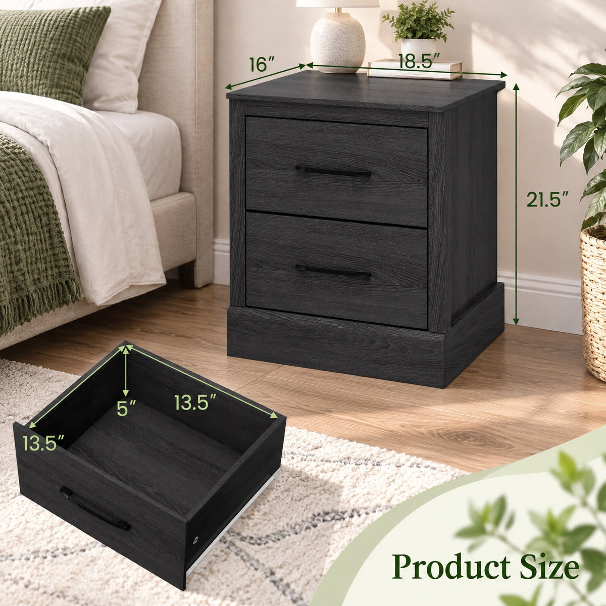 Airfind Wood Compact Floor Nightstand with Storage Drawers, 66 lbs Capacity, Engineered Wood Zinc Alloy Frame, 18.5 x 16 x 21.5 Footprint