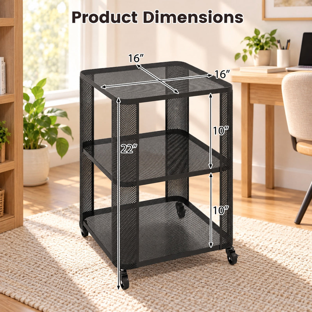 Airfind 3-Tier End Table with Wheels Rolling Side Table with Open Storage Shelves-Set of 2, 112 lbs Capacity, Metal Frame, 16 x 16 x 22 Footprint