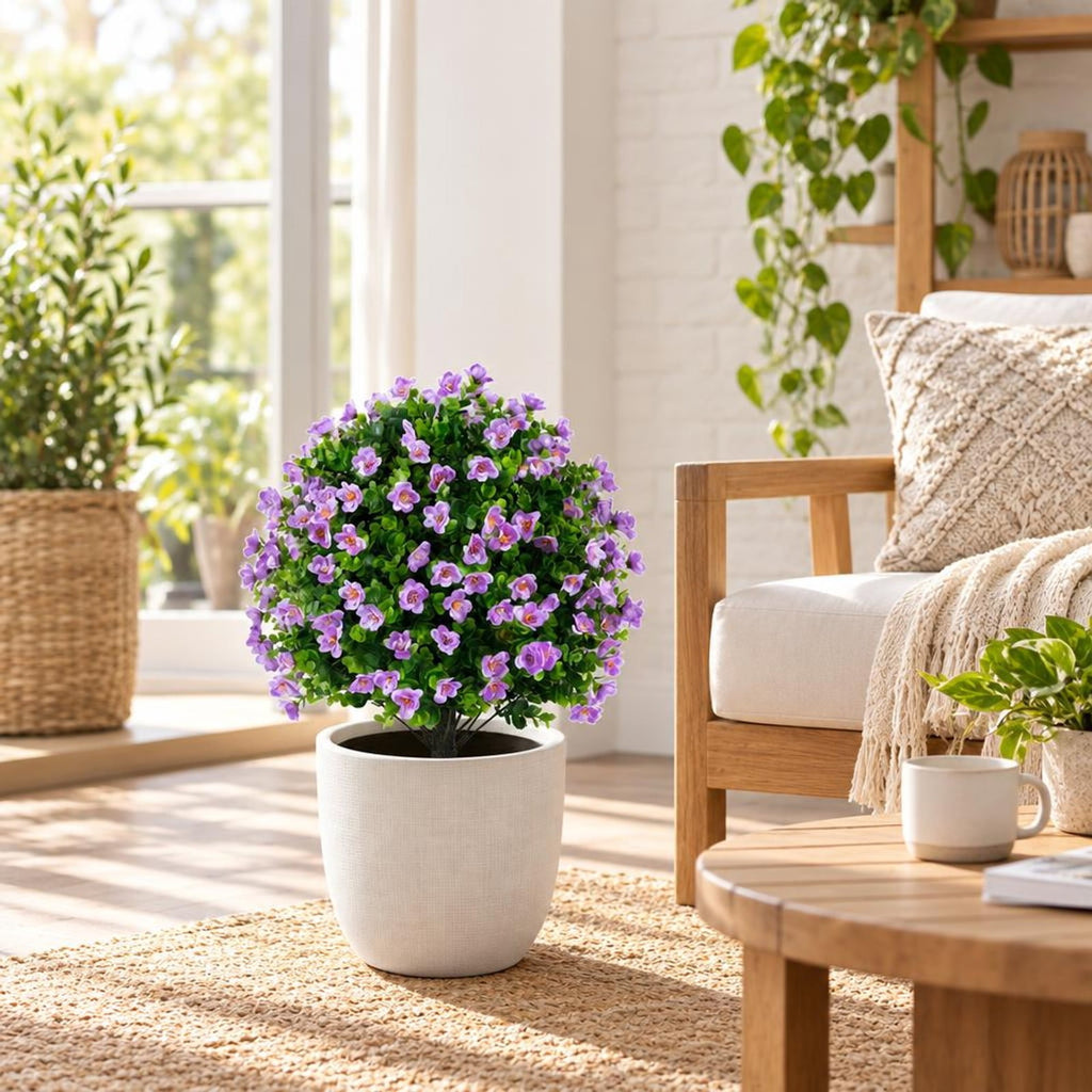 Airfind 2 Pack Artificial Eucalyptus Topiary Trees with Flowers and Cement Planter for Home, PE PP Cement Foam Frame, Purple