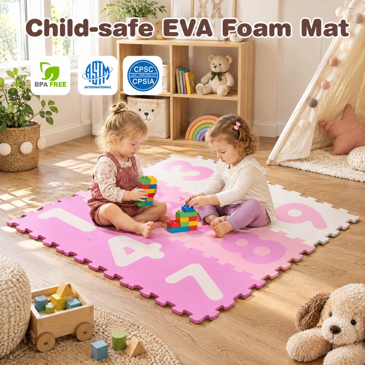 Airfind 9 Pieces Interlocking Foam Puzzle Floor Mat with 3 Marker Discs, EVA Foam Single Piece Frame, for 10 Months+, 71.5 Inch x 24.5 Inch Footprint