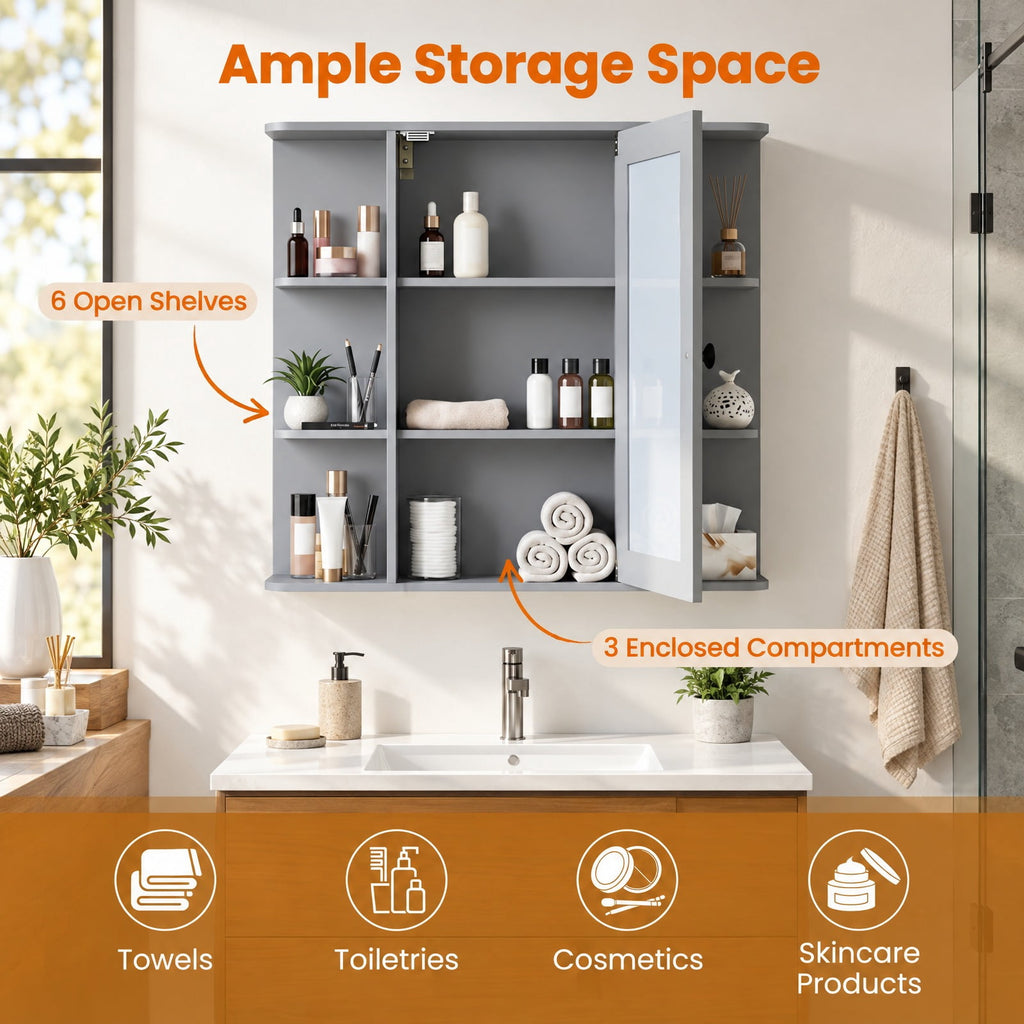 Airfind Wall Mounted Bathroom Medicine Cabinet with Mirror and Shelves, 120 lbs Capacity, MDF Engineered Wood Glass Frame, Gray