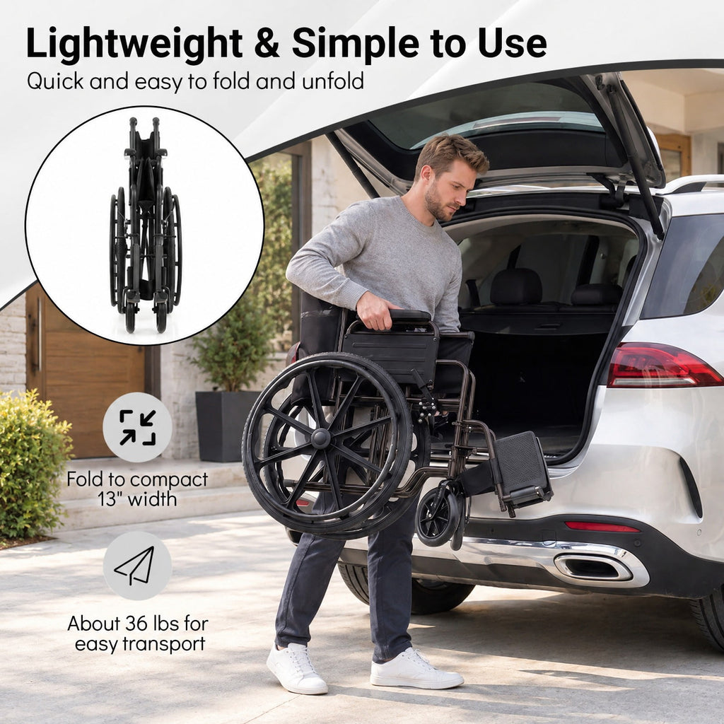 Airfind Lightweight Folding Wheelchair for Adults with Swing-Away Footrest and Desk Arm, 330 lbs Capacity, Metal Faux Leather Nylon Plastic Frame