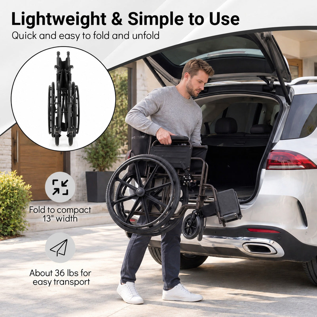 Airfind Lightweight Folding Wheelchair for Adults with Swing-Away Footrest and Desk Arm, 330 lbs Capacity, Metal Faux Leather Nylon Plastic Frame