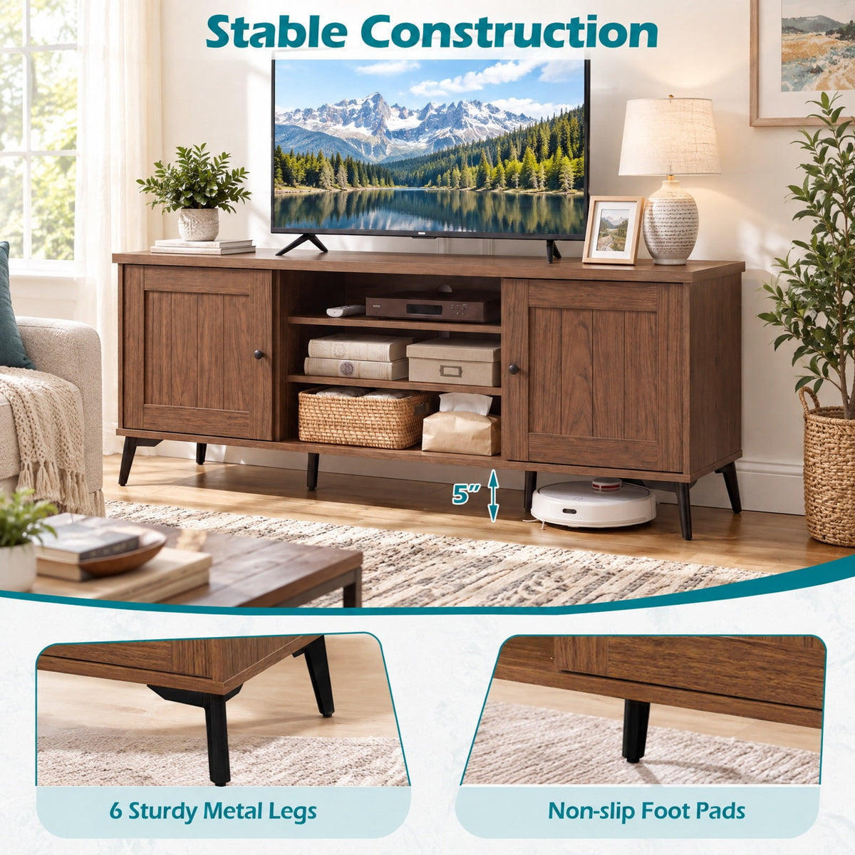 Airfind 2-Door TV Stand for TVs up to 65 Inch Mid Century Modern Entertainment Center, 176 lbs Capacity, Engineered Wood Metal Frame, Brown