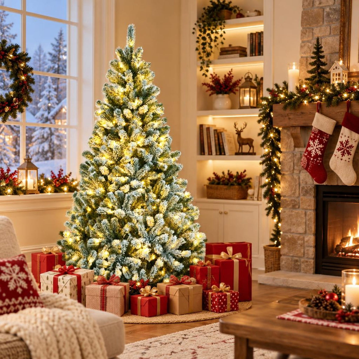 Airfind 6 Feet Pre-lit Snow Flocked Hinged Christmas Tree with 928 Tips and Metal Stand-6 ft, PVC metal Frame, 3.4 x 6/4 x 7/4.9 x 8 Footprint