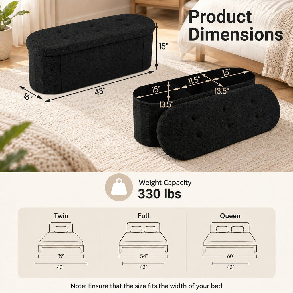 Airfind 43 Folding Teddy Storage Ottoman Bench with Dividers for Living Room and Bedroom, 43 x 15 x 16Inner Footprint, Black