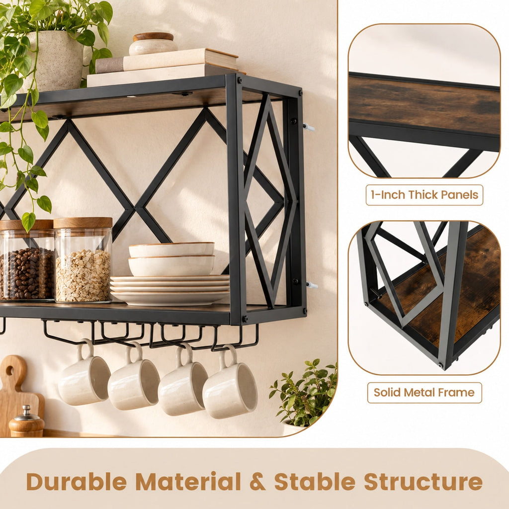 Airfind Wall Mounted Wine Rack for 39 Bottles and 12 Glasses, Shelf 100 lbs Capacity, Metal Engineered Wood Frame, Rustic Brown Black