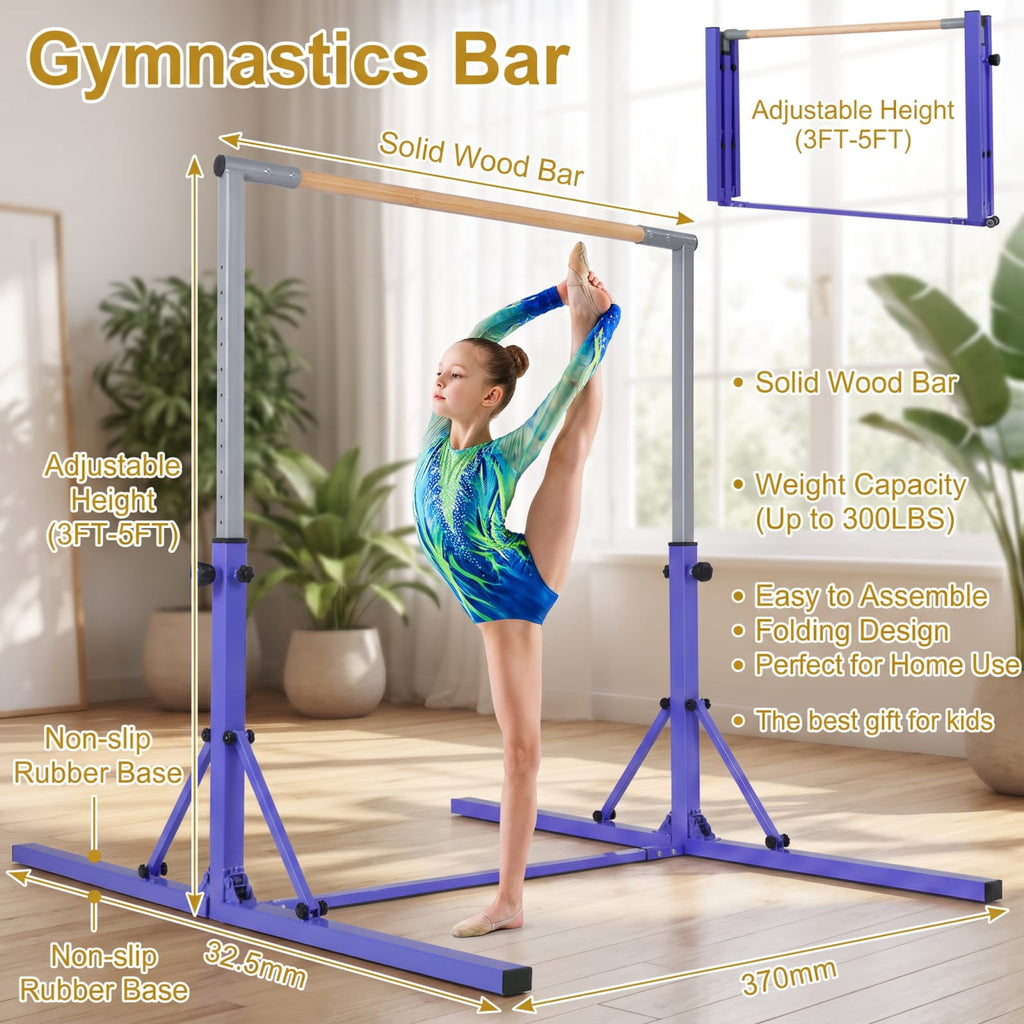 Airfind Foldable Gymnastics Bar for Kids with 3 Level Adjustable Height and Bamboo Grip Bar for Home Balance and Coordination Training, Purple