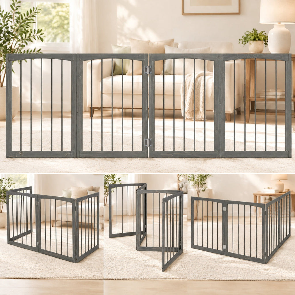 Airfind Wooden Pet Fence, 83 inch L x 30 inch H Dog Gate 4-Panel, for Indoor, Fir Wood Fully Expandable Frame, 21 Inch x 2.2 Inch x 30 Inch Footprint, Gray
