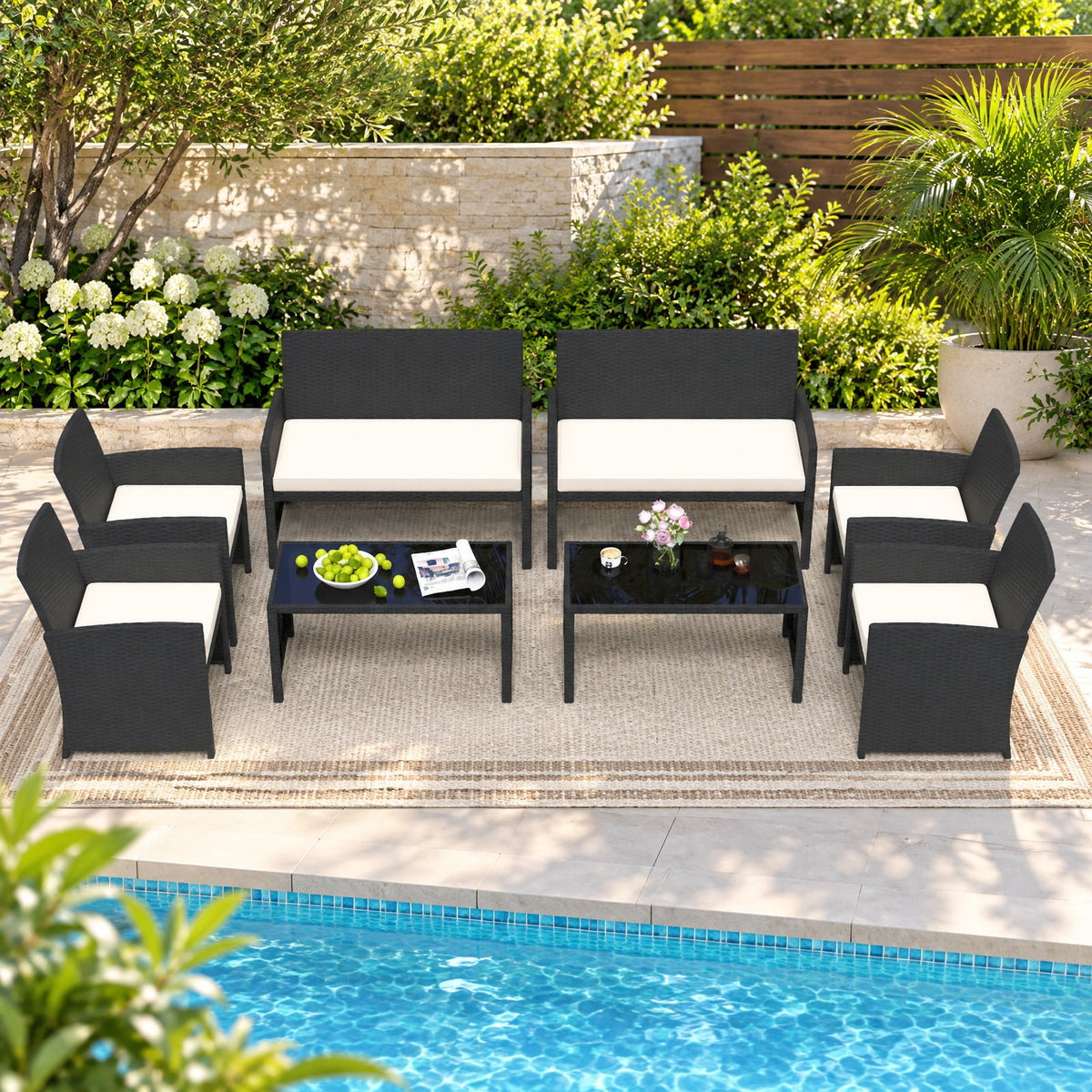 Airfind 4 Pieces Patio Furniture Set with Tempered Glass Tabletop and Removable Cushion, 400 lbs Capacity, Rattan Steel Sponge Frame, White