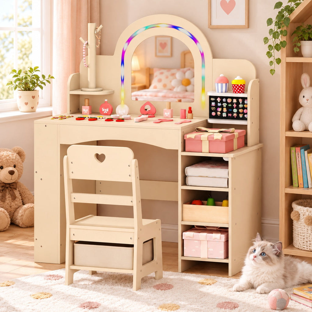 Airfind Kids Vanity Set with Colorful LED Lights Princess Makeup Dressing Table with Chair, 110 lbs Capacity, MDF Frame, 34in x 15.5in x 41in Footprint