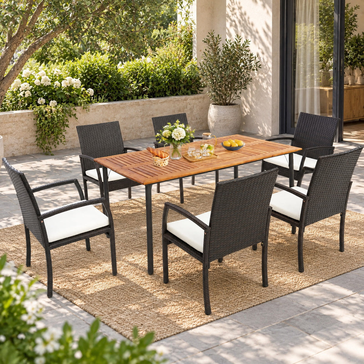 Airfind Patio Acacia Wood Dining Table with Umbrella Hole and Metal Legs, 165 lbs Capacity, Acacia Wood Metal Frame, 63 x 36 x 30 Footprint, Wood