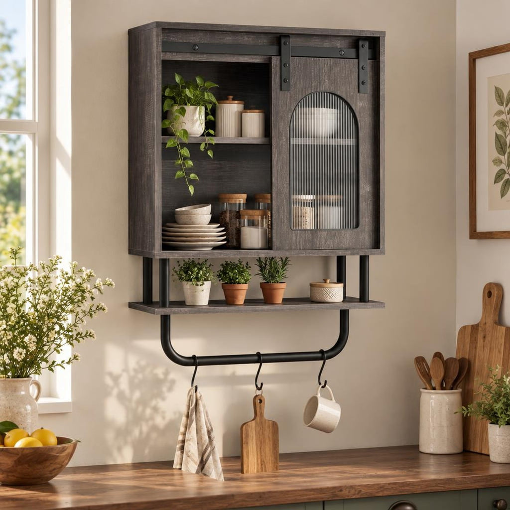 Airfind Bathroom Wall Cabinet with Sliding Barn Door and Metal Hanging Bar with 3 Hooks, 22 Lbs Capacity, Engineered Wood MDF Metal PC, Black