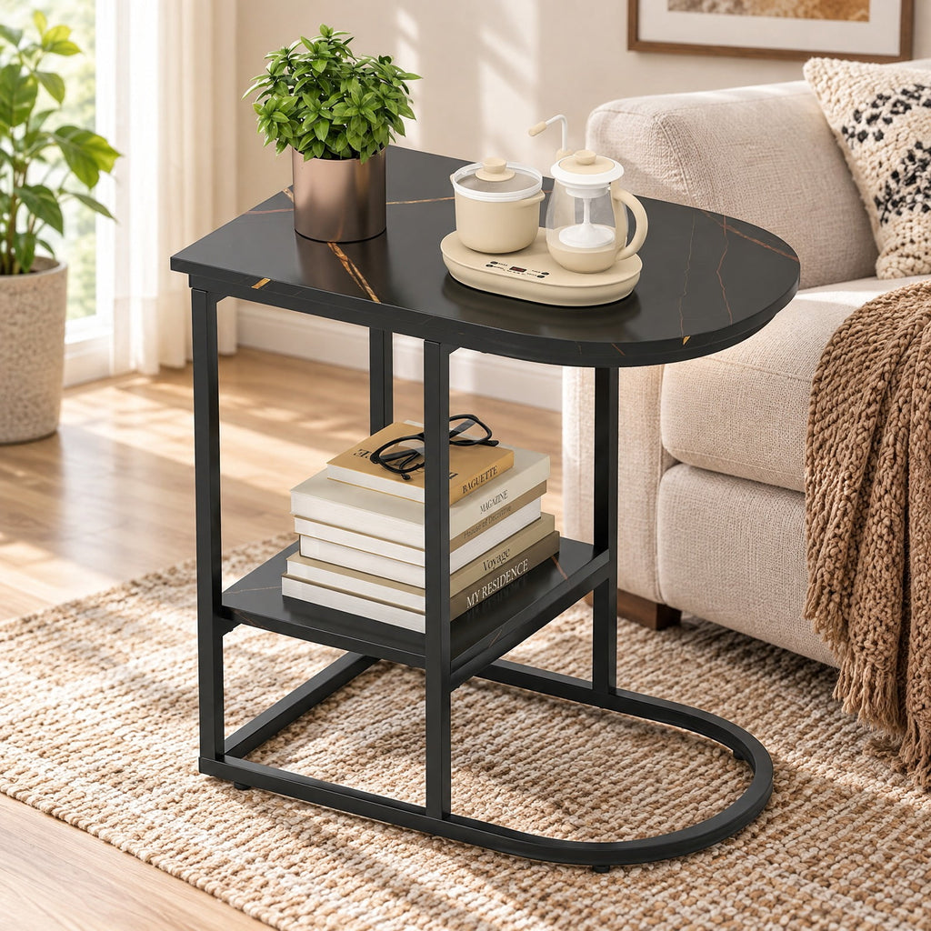 Airfind C-shaped Modern Sofa Side Table with Faux Marble Tabletop and Storage Shelf, 66 lbs Capacity, Engineered Wood Metal Frame, Black
