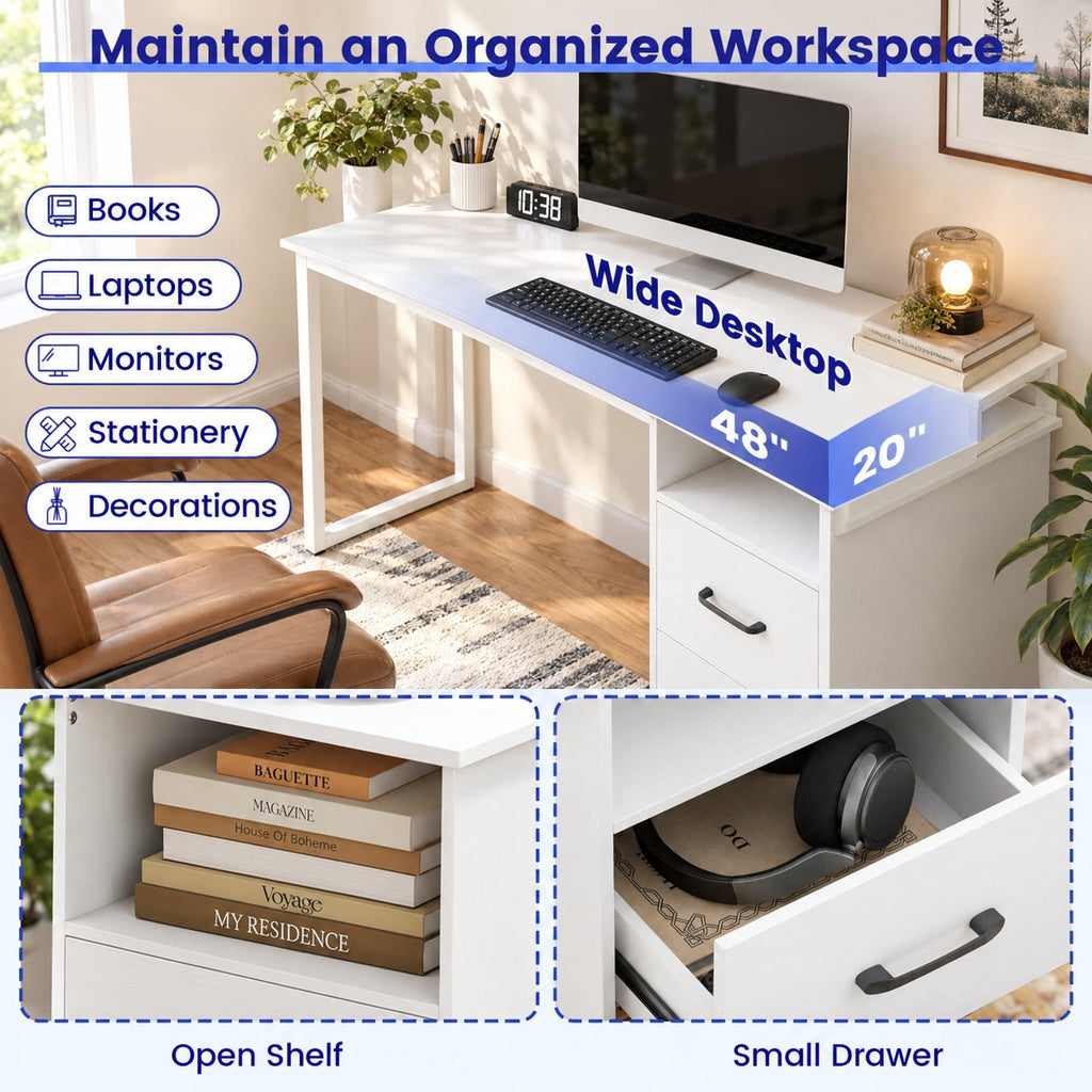 Airfind Modern Computer Desk with Power Outlets and File Drawer, 135 lbs Capacity, Engineered Wood Metal Frame, 48 Inch x 20 Inch x 35 Inch Footprint, White