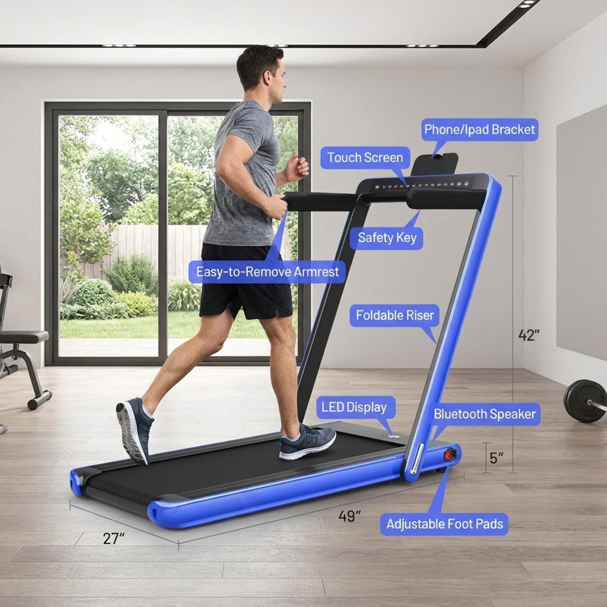 Airfind 2-in-1 Walk-to-Run Folding Treadmill Walking Treadmill for Home with Cushioned Deck Supports 265 lbs Compact Under Desk Design, Blue