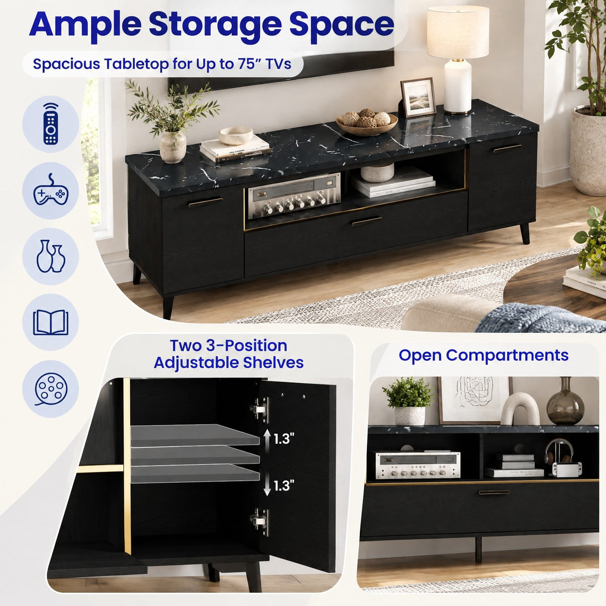 Airfind 63 Inch TV Stand with Flip Door Cabinet for TVs up to 75 Inch, 165 lbs Capacity, Engineered Wood MDF Metal Frame, Black