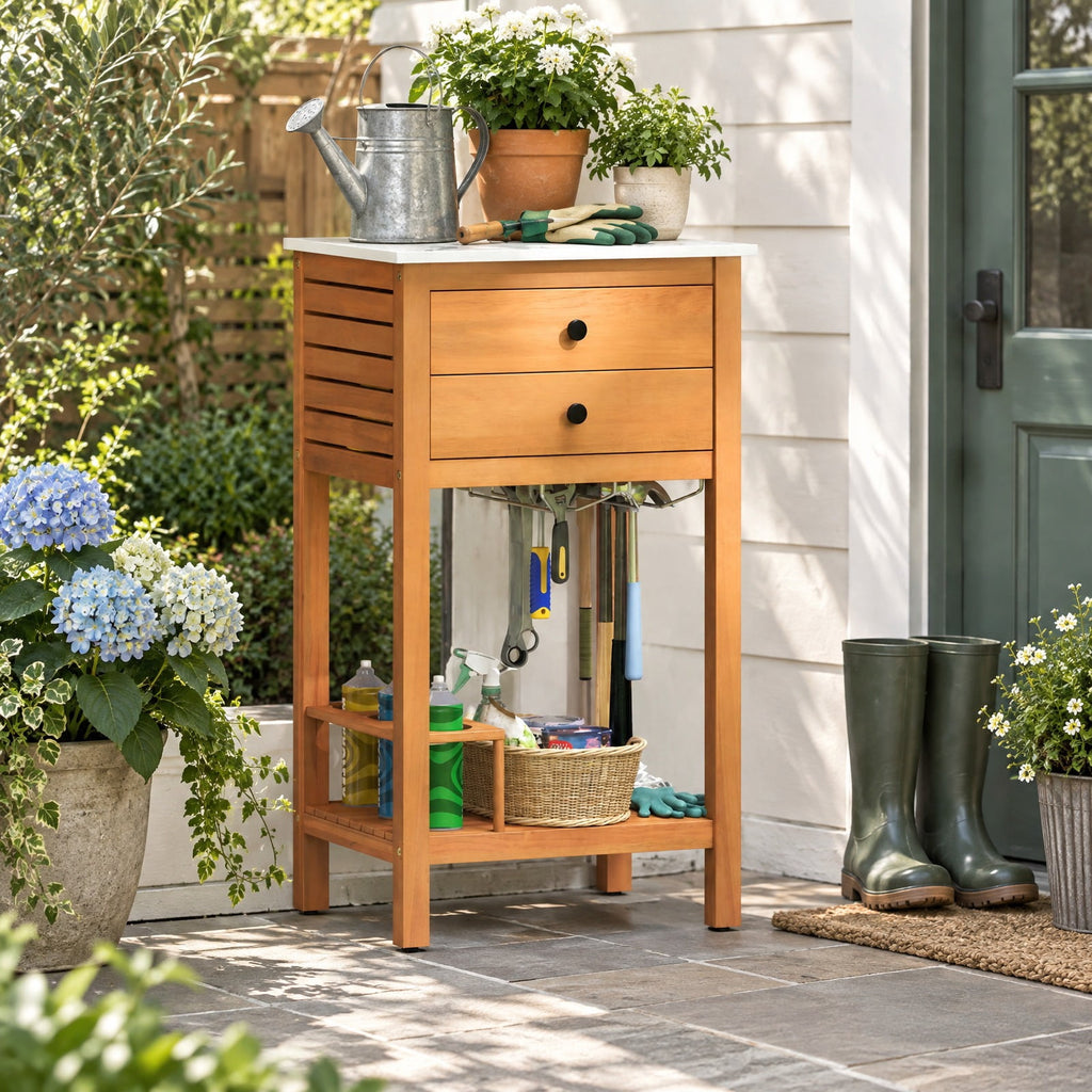 Airfind Patio Acacia Wood Storage Cabinet Patio Buffet Cabinet Bar Table with Faux Marble Countertop, 165 lbs Capacity, Acacia Wood Resin Frame