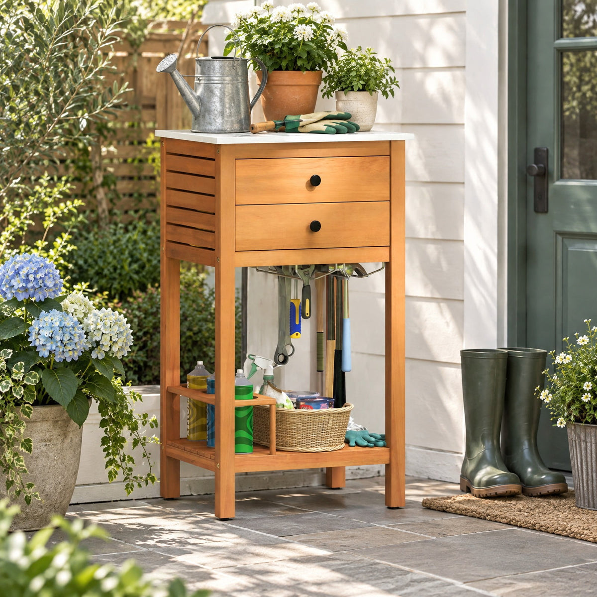 Airfind Patio Acacia Wood Storage Cabinet Patio Buffet Cabinet Bar Table with Faux Marble Countertop, 165 lbs Capacity, Acacia Wood Resin Frame