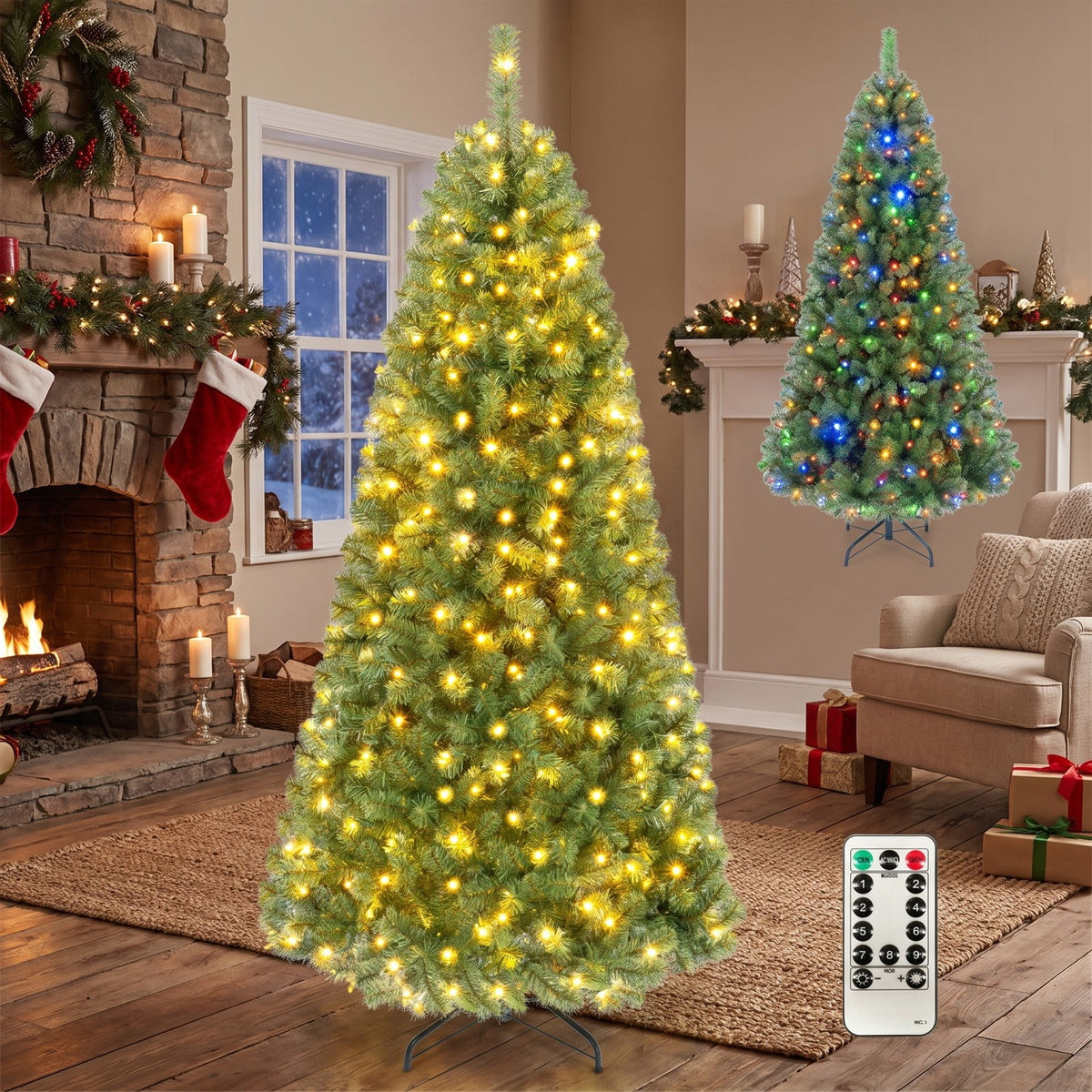 Airfind Pre-Lit Green Artificial Christmas Tree with Full Branch Tips-7 Feet, PVC Metal Frame, Green