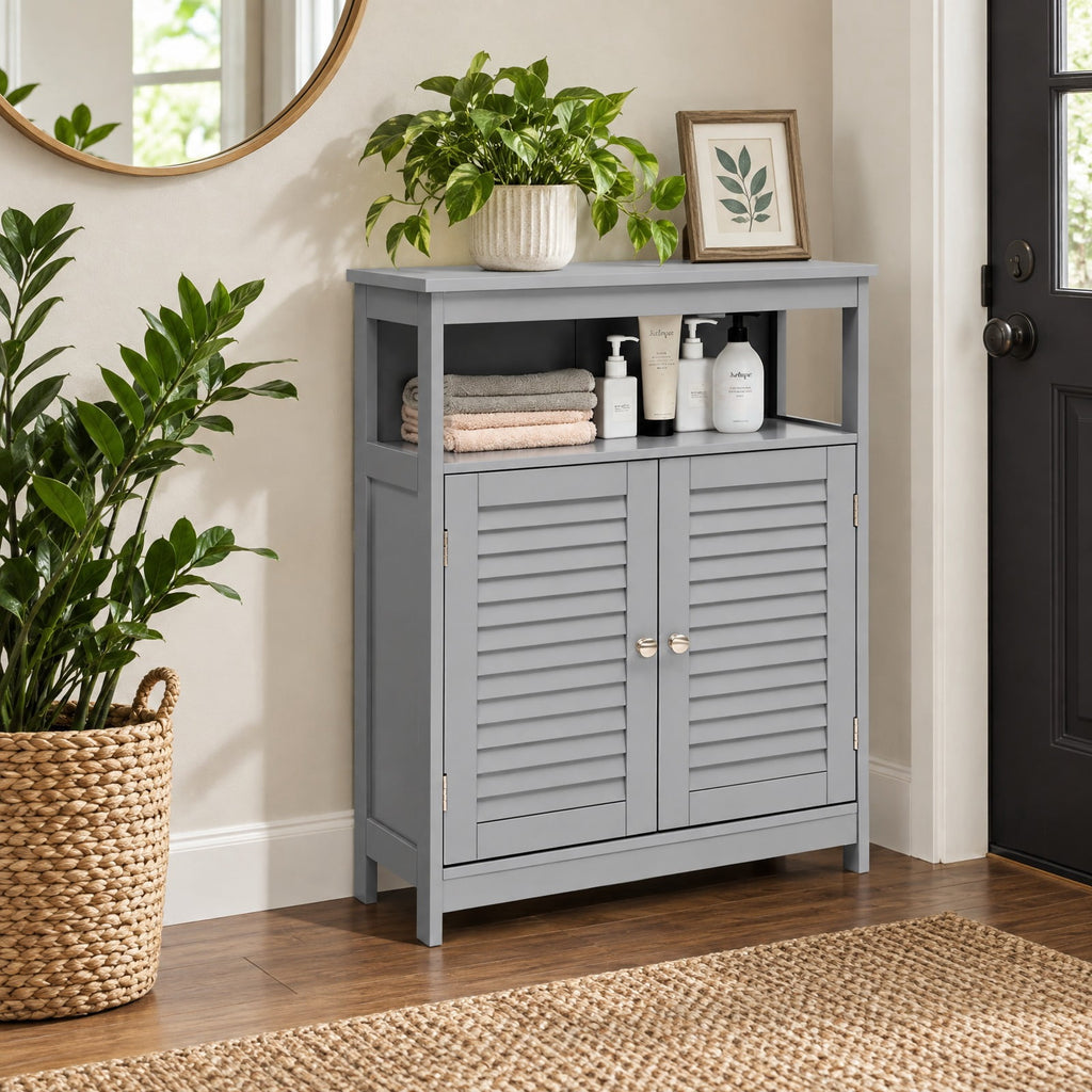 Airfind Wood Freestanding Bathroom Storage Cabinet with Double Shutter Door, 77 lbs Capacity, P2 MDF Frame, 23.5in x 12in x 31.5in Footprint, Gray